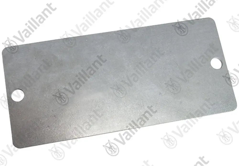 Metallplatte mit zwei Löchern, beschriftet mit dem Logo von Vaillant. Die Platte ist rechteckig und hat eine glatte Oberfläche.